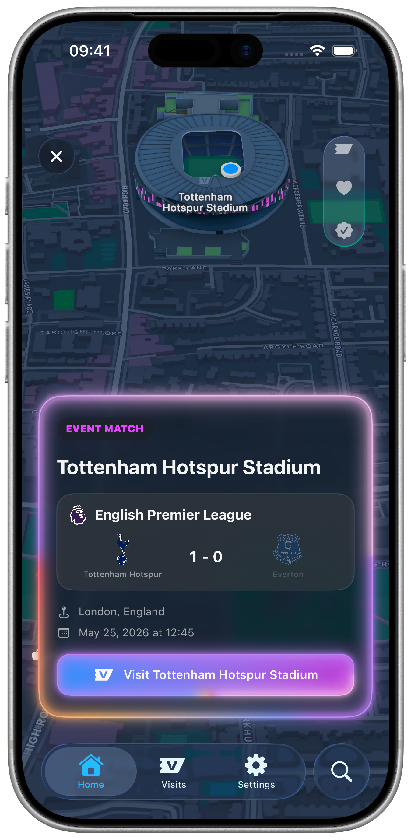 Visits map with venue clusters and event match card